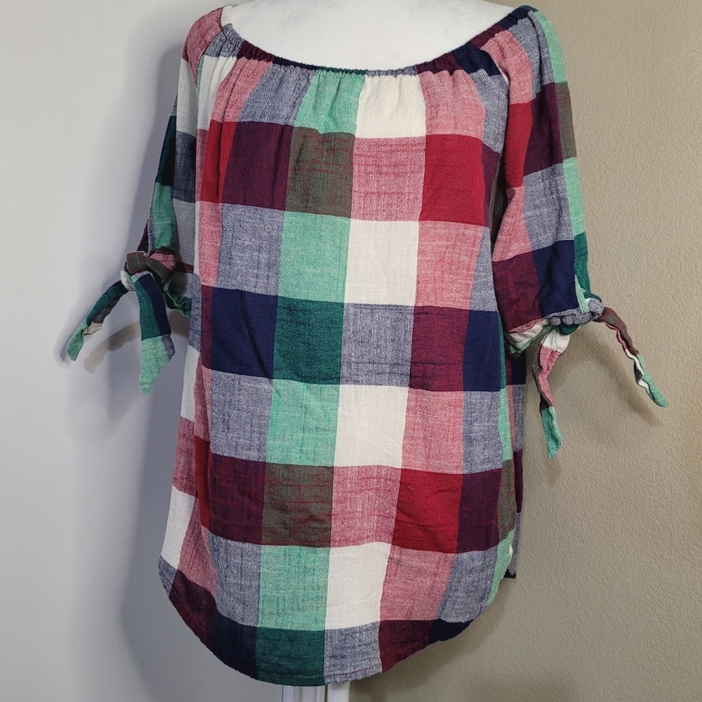 For Cynthia Blouse, Size Large Plaid Short Sleeve with Ties